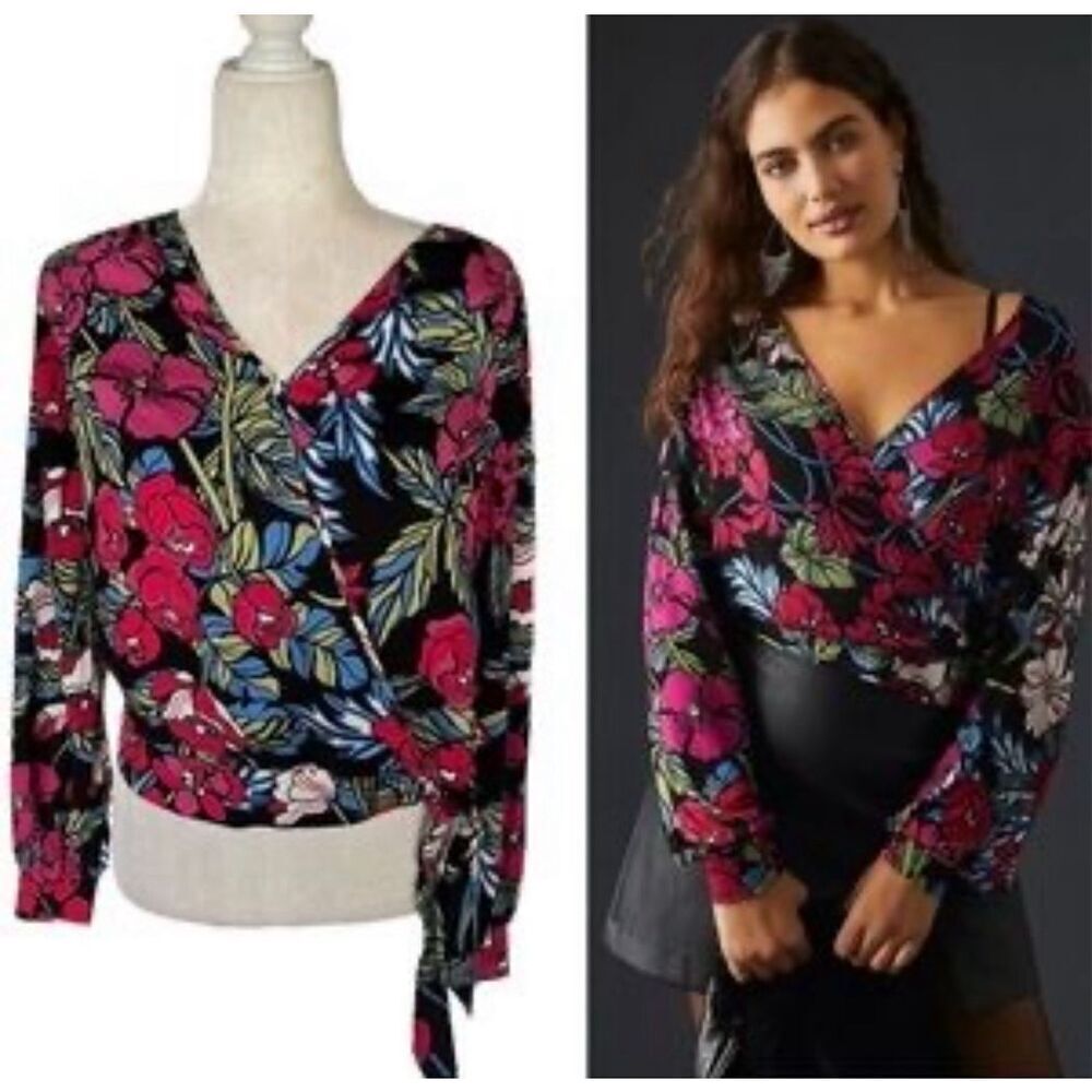 Anthropologie Dark Floral Wrap Blouse with Red and Pink Blooms - Picture 15 of 15